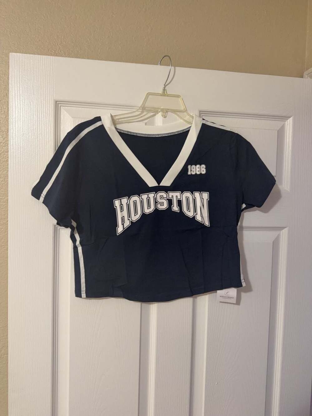 Sofia's Choice Houston 1986 Navy Blue V-Neck Crop Top
